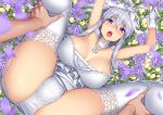  1girl azur_lane breasts bridal_veil bride cleavage crown dress enterprise_(azur_lane) enterprise_(starlight_oath)_(azur_lane) flower garter_straps gloves large_breasts long_hair looking_at_viewer lying medallion mini_crown neck_garter official_alternate_costume on_back panties purple_eyes purple_flower purple_rose rose silver_collar silver_hair takurowo thighhighs underwear veil wedding wedding_dress white_gloves white_legwear white_panties 