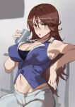  1girl :o armpits ashiomi_masato bangs bare_shoulders blush breasts brown_eyes brown_hair cleavage collarbone covered_nipples cup groin gundam gundam_00 hair_between_eyes holding holding_cup impossible_clothes large_breasts long_hair looking_at_viewer midriff navel pants pinky_out shiny shiny_hair sitting solo sumeragi_lee_noriega swept_bangs very_long_hair vest white_pants 