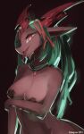  2021 anthro arm_under_breasts big_breasts black_background breasts brown_body dragon female green_hair hair half-length_portrait hi_res jewelry kameloh kemono long_hair looking_at_viewer necklace nude pasties portrait red_eyes signature simple_background solo tongue tongue_out 