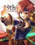  1boy armor blue_eyes cape fire fire_emblem fire_emblem:_the_binding_blade gloves headband highres looking_at_viewer male_focus nakabayashi_zun open_mouth red_hair roy_(fire_emblem) short_hair simple_background smile sword weapon 