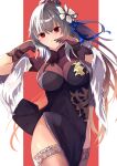  1girl azur_lane black_dress breasts china_dress chinese_clothes cleavage dress feather_boa flower grey_hair hair_flower hair_ornament hane_(feathe02) highres long_hair looking_at_viewer medium_breasts official_alternate_costume pelvic_curtain red_background red_eyes saint-louis_(alluring_administrator)_(azur_lane) saint-louis_(azur_lane) see-through_legwear simple_background solo two-tone_background white_background white_flower 