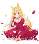  1girl :o animal_ears bangs between_legs blonde_hair blush commentary_request dress flower fox_ears fox_girl fox_tail full_body hand_between_legs hand_up holding holding_flower juliet_sleeves long_hair long_sleeves looking_at_viewer original parted_lips petals puffy_sleeves red_dress red_eyes red_flower rimo shadow sitting solo swept_bangs tail very_long_hair wariza white_background white_flower wide_sleeves yellow_flower 