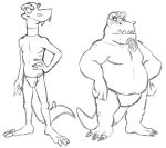  anthro asian_clothing barefoot beard black_and_white claws clothed clothing duo east_asian_clothing facial_hair feet fundoshi hand_on_hip japanese_clothing komodo_dragon komodo_joe komodo_moe lizard male monitor_lizard monochrome overweight overweight_male reptile scalie simple_background sketch skinny_male smile teeth_showing thegreatmatsutzu topless underwear white_background 