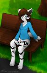  anthro bench clothing featureless_crotch felid female grass hair hi_res jknewlife mammal pantherine plant shirt smile solo tiger topwear tree 