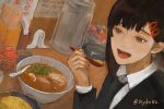  1girl asymmetrical_hair black_eyes black_hair black_jacket black_neckwear bowl chainsaw_man chopsticks collared_shirt commentary dress_shirt eating egg eyelashes food formal fried_rice fuyukonbu hair_ornament hairclip higashiyama_kobeni highres holding holding_spoon jacket jar long_sleeves meat mole mole_under_eye mole_under_mouth necktie noodles open_mouth ramen restaurant shirt short_hair smile solo soup sparkle spoon suit traditional_media twitter_username upper_body wing_collar 