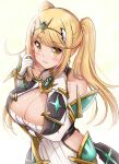  alternate_hairstyle bangs bare_shoulders blonde_hair breasts chest_jewel cleavage_cutout clothing_cutout dress earrings elbow_gloves gloves highres jewelry kurokaze_no_sora large_breasts long_hair mythra_(xenoblade) short_dress short_twintails swept_bangs tiara twintails very_long_hair white_dress white_gloves xenoblade_chronicles_(series) xenoblade_chronicles_2 yellow_eyes 