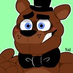  2018 alternate_version_at_source animatronic anthro black_eyebrows black_nose blue_eyes blush bow_tie brown_body brown_ears close-up clothing eyebrows five_nights_at_freddy&#039;s freddy_(fnaf) gesture green_background hat headgear headwear icon low_res machine male mammal multicolored_body multicolored_ears nervous nervous_smile o_o pointing pointing_at_self portrait raised_arm robot round_ears short_ears simple_background smile snazzamazing solo teeth top_hat two_tone_body two_tone_ears ursid video_games wide_eyed 