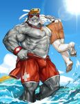  abs absurd_res anthro beard biceps bottomwear bracelet carrying_over_shoulder clothing duo eyewear facial_hair goggles hi_res jewelry lagomorph leporid lifeguard male mammal muscular muscular_anthro muscular_male my_hero_academia nipples one_eye_closed pecs piard909 rabbit selkie_(my_hero_academia) shorts smile smirk swiss_flag_as_red_cross teeth vein veiny_muscles water wet wet_clothing whistle whistle_(object) wink 