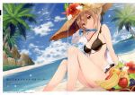  1girl absurdres animal apple arm_support artoria_pendragon_(all) banana bangs bare_shoulders beach bikini bird black_bikini blonde_hair blue_sky braid breasts cleavage cloud collarbone day fate/grand_order fate_(series) flower food french_braid fruit grapes hat hibiscus highres holding huge_filesize medium_breasts mysterious_heroine_x_(alter)_(fate) necomi ocean off_shoulder orange_(food) outdoors palm_tree parted_lips scan shiny shiny_skin simple_background sitting sky smile solo sun_hat swimsuit thighs tree water yellow_eyes 