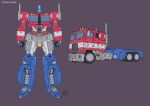  1boy 2021 absurdres autobot blue_eyes character_name english_commentary flat_color ground_vehicle highres insignia lextodrawstuff looking_at_viewer male_focus mecha motor_vehicle no_humans optimus_prime purple_background redesign transformers truck 