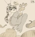  3_toes anthro anus bottomless bottomwear braided_ponytail clothed clothing feet female foot_focus genitals giant_panda hi_res low-angle_view mammal monochrome pawpads pon-pon_(artist) pussy skirt solo tentacles toes ursid yaya_panda 