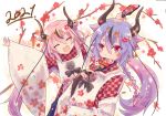  2021 2others blue_hair braid branch checkered checkered_kimono checkered_shirt cherry_blossoms closed_eyes commentary covering_mouth detached_sleeves floral_print flower hagoita hair_flower hair_ornament highres holding_paddle horns japanese_clothes kimono kisalaundry long_hair looking_at_viewer meika_hime meika_mikoto multiple_others open_mouth outstretched_arms paddle pink_hair red_eyes shirt smile thick_eyebrows twintails upper_body very_long_hair vocaloid white_sleeves wide_sleeves 