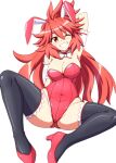  1girl amou_kanade animal_ears black_legwear bow bowtie breasts bunny_ears commentary_request detached_collar fake_animal_ears full_body grin invisible_chair large_breasts leotard long_hair looking_at_viewer one_eye_closed playboy_bunny red_eyes red_footwear red_hair red_leotard senki_zesshou_symphogear simple_background sitting smile strapless strapless_leotard thighhighs white_background white_neckwear zetsumu 