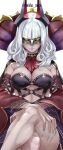  1girl ascot bangs bare_shoulders blunt_bangs breasts carmilla_(fate) cleavage crossed_legs curly_hair detached_collar detached_sleeves fate/grand_order fate_(series) fingernails large_breasts long_fingernails long_hair looking_at_viewer mask popped_collar sharp_fingernails slit_pupils smile thighs torichamaru wide_sleeves yellow_eyes 