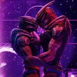  3d_(artwork) alien blue_eyes clothed clothing digital_media_(artwork) duo eye_contact foreheads_touching hand_on_head hand_on_hip hi_res kagekave looking_at_another male male/male mass_effect muscular muscular_male size_difference sleeveless_shirt standing topless turian underwear video_games yellow_eyes 