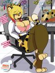  2019 3:4 absurd_res anthro big_breasts black_spots blonde_hair bottomwear bra breasts canid canine canis chair cheetah cleavage cleavage_overflow clothed clothing curvy_figure desk detailed_background dialogue digital_media_(artwork) domestic_cat domestic_dog english_text eyewear felid feline felis female fur furniture glasses group hair hi_res hourglass_figure huge_breasts human inkit89 lana_(heellana) legwear male mammal multicolored_body multicolored_fur office office_chair skirt smile spots spotted_body spotted_fur stockings text thick_thighs unbuttoned unbuttoned_shirt underwear voluptuous wide_hips yellow_body yellow_fur 