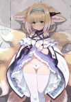  1girl absurdres animal_ear_fluff animal_ears arknights ass_visible_through_thighs bangs black_gloves blonde_hair blue_bow blue_hairband blush bow bow_panties braid closed_mouth commentary_request dress dress_lift eyebrows_visible_through_hair fox_ears fox_tail gloves green_eyes hair_rings hairband highres lifted_by_self looking_at_viewer multicolored_hair multiple_tails navel panties pantyhose pantyhose_pull single_glove single_wrist_cuff solo standing suzuran_(arknights) tail tatsuhiko thigh_gap torn_clothes torn_legwear underwear white_hair white_legwear white_panties 