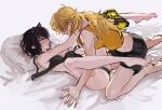  2girls animal_ears bite_mark black_bra black_hair blake_belladonna blonde_hair blush bra bra_removed breasts cat_ears commentary_request feet highres long_hair lying multiple_girls naizo_(kimosugimasu) on_back parted_lips pillow prosthesis prosthetic_arm rwby spread_legs teeth toes underwear undone_bra upper_teeth yang_xiao_long yellow_eyes yuri 