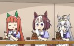  3girls ahoge animal_ears bangs bow bowl brown_hair chopsticks closed_eyes commentary_request ear_covers ear_ribbon eating eyebrows_visible_through_hair food hairband hamu_koutarou highres holding holding_chopsticks horse_ears horse_girl long_hair multicolored_hair multiple_girls oguri_cap_(umamusume) orange_hair pleated_skirt puffy_short_sleeves puffy_sleeves purple_bow purple_eyes purple_shirt rice rice_bowl sailor_collar school_uniform shirt short_hair short_sleeves silence_suzuka silver_hair sitting skirt special_week table tracen_school_uniform two-tone_hair umamusume white_hairband white_skirt 