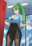  1girl black_bra blue_shirt bra breasts can canned_coffee ceiling chungmechanic cleavage closed_eyes contemporary cowboy_shot day earrings fire_emblem fire_emblem:_the_blazing_blade green_eyes green_hair highres indoors jewelry large_breasts lips long_hair lyn_(fire_emblem) office_lady open_clothes open_shirt pantyhose patreon_username pencil_skirt ponytail shirt skirt solo thighband_pantyhose tile_ceiling tiles underwear very_long_hair 