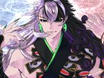  1boy ashiya_douman_(fate) asymmetrical_hair black_hair blue_background closed_mouth curly_hair earrings fate/grand_order fate_(series) fingernails green_eyes green_nails iz_izhara jewelry long_fingernails long_hair looking_at_viewer magatama magatama_earrings male_focus multicolored_hair red_background solo two-tone_hair upper_body white_hair 