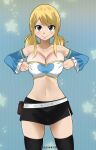  blonde_hair breast_press breasts brown_eyes fairy_tail gaston18 highres large_breasts lucy_heartfilia navel skirt tattoo thighhighs 