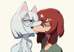  2021 annoyed anthro bite breasts brown_hair canid canine canis cleavage clothed clothing collarbone colo domestic_dog duo ears_down eyewear female female/female floppy_ears glasses hair helena_richter hi_res mammal misha_(colo) pivoted_ears scar simple_background white_background white_hair 