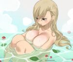  1girl bath bathing blonde_hair blue_eyes blush breasts cleavage eden&#039;s_zero gaston18 highres large_breasts nude solo water 