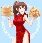  1girl baozi blue_background blue_eyes breasts brown_hair china_dress chinese_clothes commentary_request cowboy_shot dress eva_16-gouki floral_print flower food fried_rice hair_flower hair_ornament highres idolmaster idolmaster_million_live! idolmaster_million_live!_theater_days long_hair medium_breasts open_mouth pelvic_curtain ponytail red_dress satake_minako smile solo 