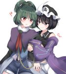  2others adagumo_no_saragimaru androgynous black_hair capelet green_hair hair_ornament hat highres hood hoodie len&#039;en multiple_others ougi_hina purple_eyes shitodo_kuroji short_hair shorts side_ponytail snake_hair_ornament triangular_headpiece 