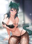  1girl animal_ear_fluff animal_ears aqua_hair arm_support artist_name bangs bare_shoulders black_bra black_panties blue_eyes blurry blurry_background blush bra breast_hold breasts brown_legwear byleth_(fire_emblem) byleth_(fire_emblem)_(female) cat_ears cat_tail cleavage collarbone commentary eyebrows_visible_through_hair fire_emblem fire_emblem:_three_houses gigamessy groin hair_between_eyes highleg highleg_panties indoors kemonomimi_mode large_breasts light_particles long_hair looking_at_viewer midriff navel on_bed panties pantyhose parted_lips patreon_username patterned_clothing seiza sidelocks sitting sitting_on_bed solo tail underwear 