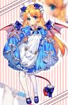  1girl alice_(monster_girl_encyclopedia) apron blonde_hair blue_dress blue_eyes blush bow buttons demon_girl demon_tail demon_wings dot_mouth dress dress_lift full_body heart heart-shaped_pupils highres horn_bow horn_ornament horns lifted_by_self long_hair looking_at_viewer monster_girl_encyclopedia pointy_ears rnskkn solo symbol-shaped_pupils tail tail_bow tail_ornament white_apron white_legwear wing_bow wing_collar wing_ornament wings 