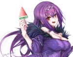  1girl bangs blush breasts cleavage detached_collar dress fate/grand_order fate_(series) food fur-trimmed_dress fur_trim hair_between_eyes large_breasts leaning_back long_hair long_sleeves looking_at_viewer open_mouth popsicle purple_dress purple_hair red_eyes scathach_(fate)_(all) scathach_skadi_(fate) smile tiara torichamaru watermelon_bar 