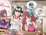  3girls animal_ears aqua_bow aqua_eyes bangs black_hair bow bowl brown_hair cat_ears cat_girl cat_tail chocolate chocolate_making closed_eyes cutting_board d&#039;artanyan_(nyanko_daisensou) dress eyebrows_visible_through_hair gao_(nyanko_daisensou) gloves hair_bow highres holding holding_bowl indoors japanese_clothes kappougi kimono looking_at_viewer looking_back mitama_(nyanko_daisensou) mixing mixing_bowl moneko_(nyanko_daisensou) multiple_girls neneko_(nyanko_daisensou) nyanko_daisensou open_mouth paw_gloves paws pink_dress pink_gloves purple_dress purple_legwear red_bow sakuragi_yuuki short_hair smile spatula speech_bubble strapless strapless_dress tail thick_eyebrows thighhighs white_bow white_gloves 