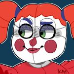  2018 alternate_version_at_source animatronic baby_(fnafsl) circus_baby_(fnaf) close-up clothed clothing clown eyelashes female five_nights_at_freddy&#039;s green_eyes hair half-closed_eyes humanoid icon lips long_hair looking_aside looking_away low_res machine narrowed_eyes not_furry pigtails portrait red_hair red_lips red_nose robot rosy_cheeks simple_background sister_location smile smug snazzamazing solo teal_background video_games white_body 