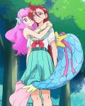  2girls aozora_middle_school_uniform blue_eyes bracelet closed_mouth green_skirt hair_between_eyes hands_on_another&#039;s_shoulders haruyama_kazunori head_fins jewelry laura_(precure) long_hair looking_at_another mermaid monster_girl multiple_girls outdoors pink_hair precure purple_eyes red_hair school_uniform serafuku short_sleeves skirt smile standing takizawa_asuka tree tropical-rouge!_precure wet wet_clothes wet_skirt yuri 