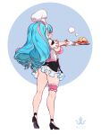  1girl aurora_(last_origin) breasts chef chef_hat drill_hair from_behind hat high_heels highres large_breasts last_origin light_blue_hair multicolored_hair open_mouth patissier pink_eyes pink_hair skirt smile streaked_hair toriseru_(thesuperhero) twintails 