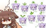  1girl :3 arrow_(symbol) asimo953 bone_hair_ornament bowl brown_hair chopsticks commentary_request food gradient gradient_background hair_ornament hair_tie highres hololive imagining inugami_korone japanese_clothes nekomata_okayu open_mouth purple_eyes purple_hair radish red_eyes smile solo translation_request wa_maid 