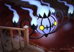 artist_name blue_fire carpet chandelure commentary_request enishi_(menkura-rin10) fire from_above gen_5_pokemon highres indoors no_humans pokemon pokemon_(creature) solo stairs watermark yellow_eyes 