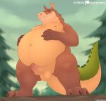  2021 3_toes 4_fingers activision anthro areola balls belly big_belly biped blurred_background brown_body brown_claws canid canine canis claws conditional_dnp crash_bandicoot_(series) crocodile crocodilian crocodylid detailed_background digital_drawing_(artwork) digital_media_(artwork) dingo dingodile erection fangs feet fingers foreskin fur genitals green_body green_scales green_skin hands_on_belly holding_belly humanoid_genitalia humanoid_penis hybrid looking_at_viewer looking_down low-angle_view male mammal masonparker multicolored_body navel nipples nude outside overweight overweight_anthro overweight_male patreon penis pink_areola pink_nipples pink_penis plantigrade reptile scales scalie signature smile solo spread_legs spreading standing tan_body tan_scales teeth text thick_tail three-quarter_view toes url video_games watermark yellow_eyes yellow_sclera 
