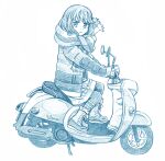  bangs bbb_(friskuser) blue_theme boots coat constricted_pupils from_behind ground_vehicle long_hair long_sleeves medium_skirt monochrome motor_vehicle on_vehicle open_clothes open_coat pantyhose parted_bangs riding scarf scooter shima_rin skirt smile yamaha_vino yurucamp 