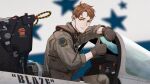  1boy ace_combat ace_combat_5 aircraft airplane bag blaze_(ace_combat) brown_hair cockpit earpiece ejection_seat f-14_tomcat fighter_jet gloves harness highres jet looking_at_viewer military military_vehicle osean_flag parody patch pilot pilot_suit reference_photo sitting skyleranderton smile solo thumbs_up top_gun twitter_username wardog_squadron yellow_eyes 