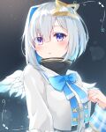 1girl aiguillette amane_kanata angel angel_wings asymmetrical_bangs asymmetrical_hair bangs blue_hair blue_neckwear blue_wings blush bob_cut bow bowtie colored_inner_hair cropped_jacket eyes_visible_through_hair feathered_wings gingham gradient gradient_wings grey_jacket hair_over_one_eye halo hololive jacket long_sleeves looking_to_the_side mini_wings multicolored multicolored_hair multicolored_wings parted_lips purple_eyes sailor_collar short_hair silver_hair single_hair_intake sleeve_cuffs sleeves_folded_up star_halo turtleneck upper_body virtual_youtuber white_wings wide_sleeves wings zky_(oekaky) 