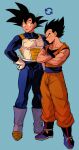  2boys absurdres ankle_boots aqua_background armor arrow_(symbol) black_eyes black_hair blue_bodysuit blue_footwear bodysuit boots closed_mouth cosplay costume_switch crossed_arms dougi dragon_ball dragon_ball_z facing_viewer frown full_body gloves hands_on_hips happy height_difference highres knee_boots looking_afar male_focus mamefuku_(mamedehuku) multiple_boys muscular open_mouth orange_pants orange_shirt pants pectorals profile saiyan_armor serious shirt side-by-side simple_background smile son_goku spiked_hair standing teeth upper_teeth vegeta white_footwear white_gloves wristband 