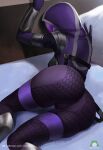  1girl alien ass bed bodysuit breasts helmet looking_at_viewer looking_back lying mass_effect medium_breasts nextoad on_side patreon_username pillow quarian solo tali&#039;zorah thighs watermark wide_hips 