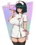  1girl arm_behind_back breasts dark_green_hair doctor eyebrows_visible_through_hair fubuki_(one-punch_man) green_eyes hat highres jakuson_z looking_at_viewer md5_mismatch murata_yuusuke needle nurse nurse_cap one-punch_man patreon_username short_hair solo solo_focus standing thighhighs thighs twitter 