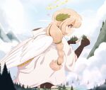  1girl angel angel_wings bandaged_arm bandages blonde_hair blue_eyes braid cloud commentary english_commentary from_side giant giantess hair_ornament halo heart holding leaf_hair_ornament long_hair mountain mountainous_horizon original raps_(yohomeboyraps) robe smile solo spoken_heart squatting toeless_footwear white_robe wings 