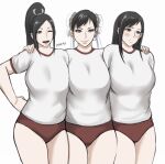 3girls alternate_costume arm_behind_back artist_name bangs blush breasts brown_eyes buruma chun-li closed_mouth cowboy_shot double_bun earrings fatal_fury final_fantasy final_fantasy_vii gym_uniform hair_ribbon hand_on_hip hands_on_another&#039;s_shoulders highres huge_breasts jewelry large_breasts looking_down multiple_girls one_eye_closed open_mouth outline parted_bangs pink_lips ponytail red_eyes ribbon shibusun shiny shiny_hair shiranui_mai shirt short_hair side-by-side sidelocks simple_background smile straight_hair street_fighter swept_bangs the_king_of_fighters thighs tifa_lockhart white_background white_shirt 