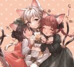  3girls :3 animal_ear_fluff animal_ears bangs black_bow blush bow braid breasts brown_eyes brown_hair cat_ears cat_tail chen closed_eyes closed_mouth commentary_request cowboy_shot crop_top dress extra_ears eyebrows_visible_through_hair full-face_blush goutokuji_mike gradient gradient_background green_dress green_headwear hair_bow hair_ribbon hands_up hat heart highres juliet_sleeves kaenbyou_rin light_blush long_sleeves looking_at_viewer masanaga_(tsukasa) midriff mob_cap multicolored_hair multiple_girls multiple_tails navel nekomata nose_blush parted_lips paw_background petticoat pink_background pointy_ears puffy_sleeves red_dress red_hair ribbon shirt short_hair shorts silver_hair simple_background small_breasts spoken_heart standing streaked_hair tail touhou trait_connection tress_ribbon twin_braids two_tails white_shirt white_shorts 