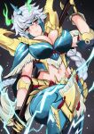  1girl alternate_costume armor bangs black_gloves blush braid breasts brown_eyes claws cleavage crossover electricity eyebrows_visible_through_hair gloves highres holding horns kantai_collection kyogoku_shin large_breasts leg_up long_hair midriff monster_hunter_(series) navel silver_hair simple_background single_braid single_horn solo unryuu_(kancolle) very_long_hair zinogre_(armor) 